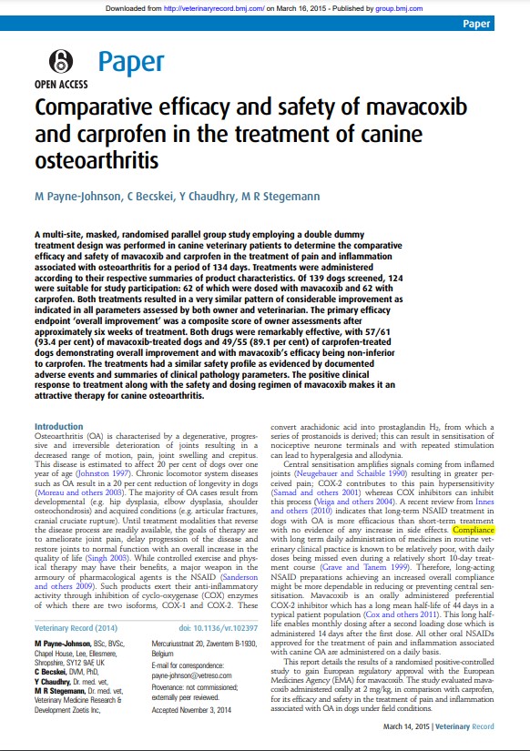 Mavacoxib-canino-osteoatrite-segurança-eficácia-carprofeno-comparação-Payne Johnson, 2015