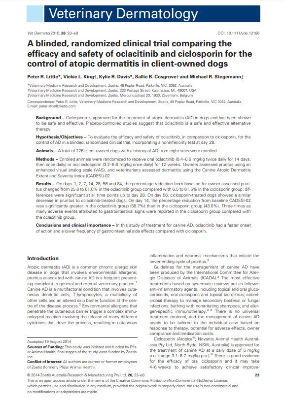 Oclacitinib-canino-dermatite atópica-eficácia-ciclosporina-comparação-Australia-Little, 2015