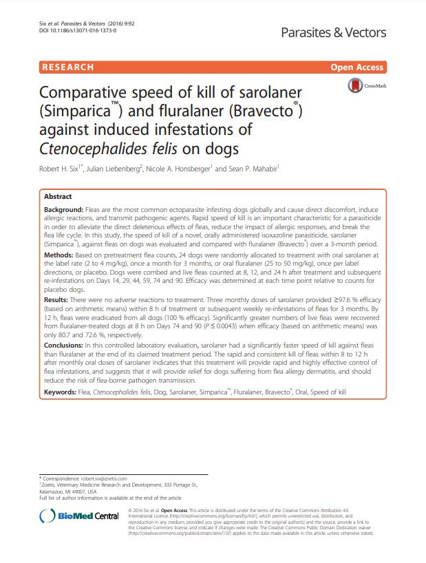 Sarolaner-canino-C felis-eficácia-velocidade-fluralaner-comparação-Six, 2016