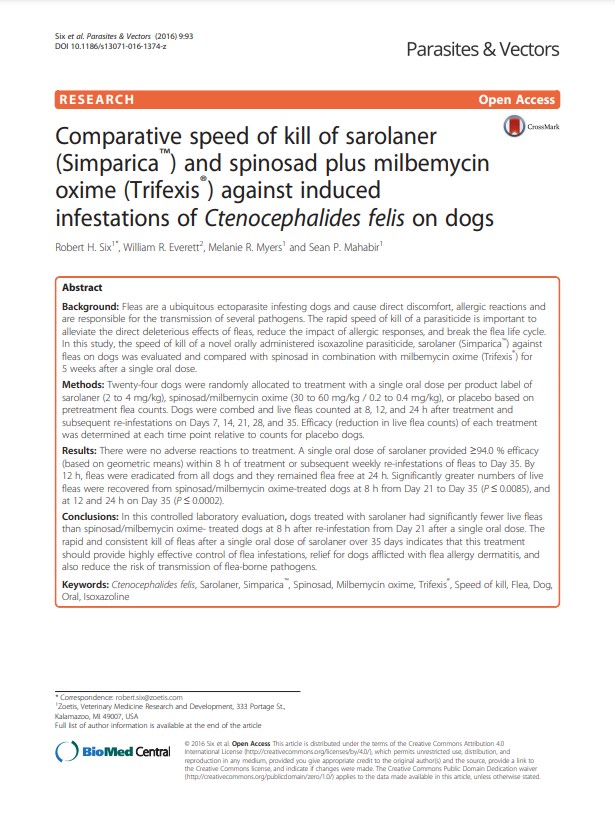 Sarolaner-canino-C felis-eficácia-velocidade-spinosad-milbemicina-comparação-Six, 2016