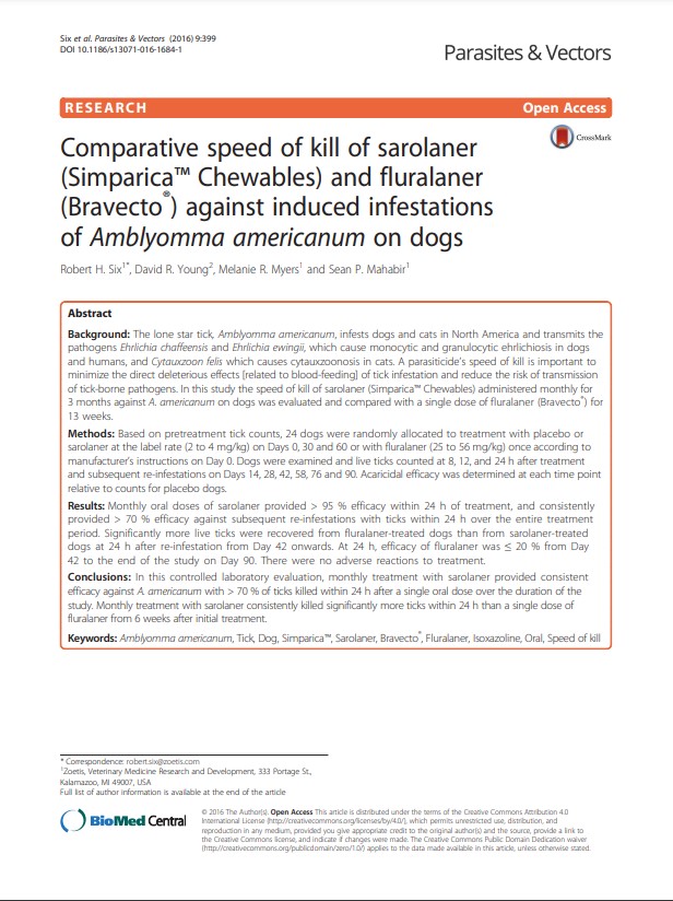 Sarolaner-canino-fluralaner-Amblyomma americanum-velocidade-comparação-Six, 2016