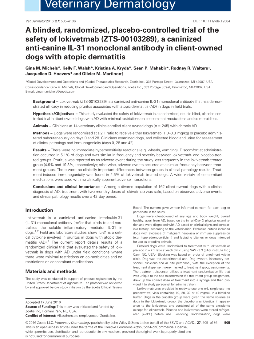 Lokivetmab-canino-determinação de dose-dermatite
          atópica-Michels, 2016