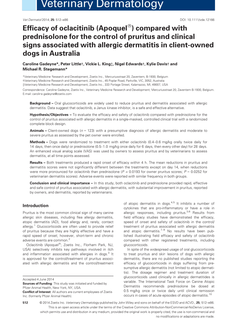Oclacitinib canino dermatite alérgica prednisolona
          eficácia comparação Austrália Gadeyne, 2014