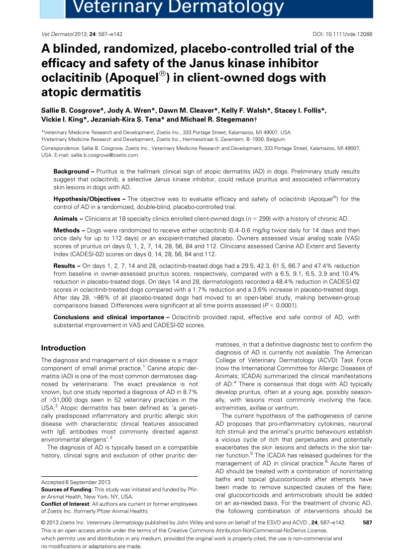 Oclacitinib canino dermatite atópica eficácia
          segurança EUA Cosgrove, 2013
